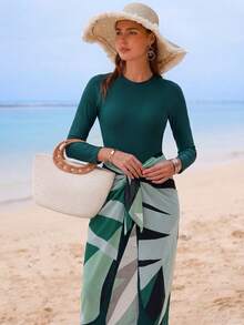 Swim Shayni Conjunto de burkini de una pieza de manga larga para mujer, para la playa - Verde - Ver 4