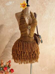 SHEIN WYWH Vestido de suéter ajustado con escote en V, cuello halter y espalda descubierta, estilo bohemio, para vacaciones, otoño/invierno - Multicolor - Ver 3