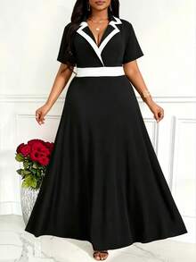 Villa Velisse Plus Size Women's Black And White Contrast Color Knit Collared Short Sleeve Waist Cinched A-Line Loose Casual Elegant Formal Summer Dress For Work - Black and White - View 4