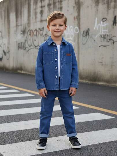 Bộ đồ denim 2 mảnh cho bé trai, hàng mới về mùa xuân/thu, áo sơ mi denim bạc màu + quần jean cạp chun, bộ đồ denim thường ngày cho trẻ em, mềm mại và thoải mái, thích hợp cho trường học, kỳ nghỉ, hoạt động ngoài trời, trang phục thời trang cho mùa xuân/thu.