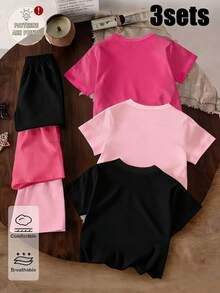 SHEIN 6pcs/Set Girls' Casual Light Pink,Summer,Birthday Fashion Glitter Bow Crown Print Short Sleeve T-Shirt And Shorts Sets,Rose Red Pink Black Outfits - Multicolor - View 2