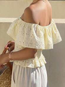2026 Blusa corta elegante sin tirantes y hombros descubiertos de unicolor, conjunto de ropa de vacaciones de verano para mujer - Burdeos - Ver 9