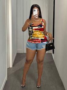 Slaydiva Plus Size Women V-Neck Casual Tank Top With Letter & Figure Print Women's Tops For Summer - Multicolor - View 4