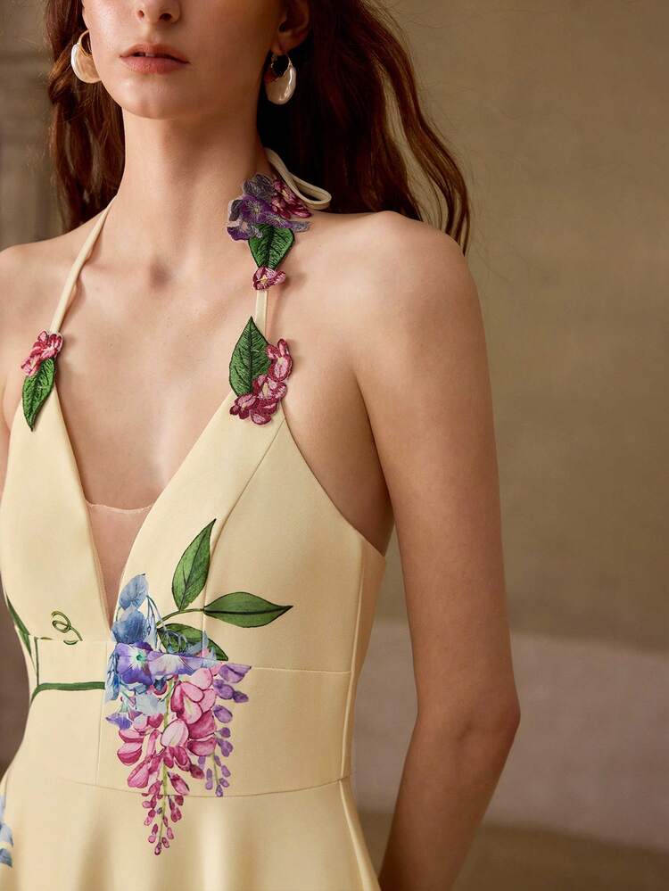 ELEGANT ELASTIC COMFORTABLE PRINTED & EMBROIDERED DRESS, SPRING/SUMMER