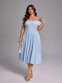 Viva Relle 女士露肩修身高腰喇叭连衣裙 - 淺藍色 - 查看 3