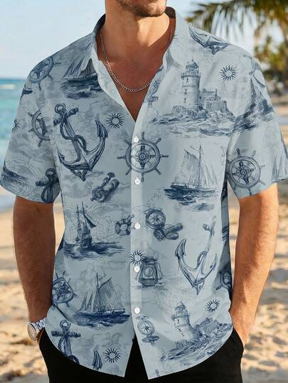 VIVINTIMO Men's Summer Vacation Anchor Print Button Front Short Sleeve Shirt