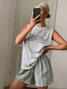 Livesso 2件套女士条纹无袖露脐上衣和短裤睡衣套装，夏季 - 彩色 - 查看 6