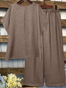 Linhara Plus Size Women Solid Color Round Neck Top And Wide Leg Pants Casual 2 Pieces Set Brown Linen Set 2 Pieces Set Linen Outfits For Women - Camel - View 2