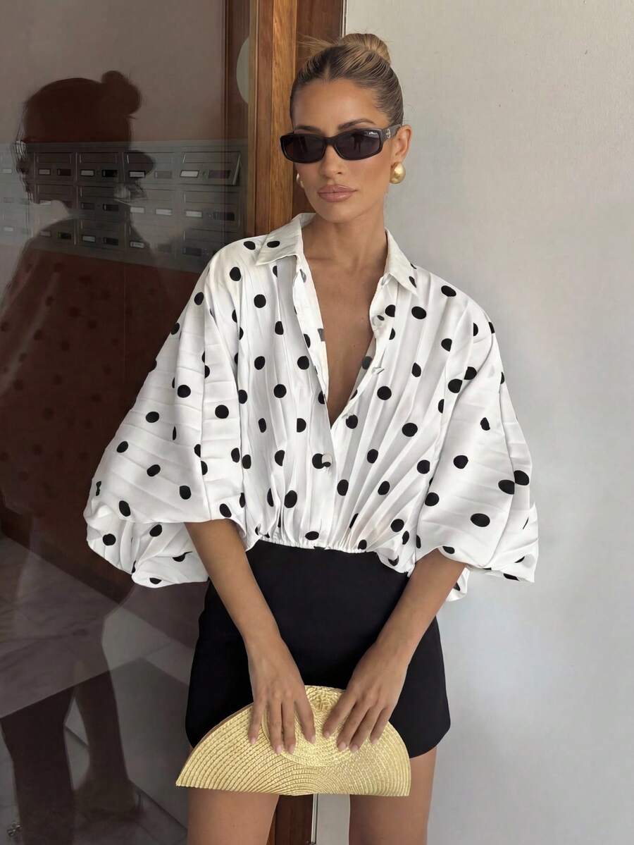 Lumalex 女士波点印花灯笼袖单排扣褶皱时尚衬衫 - 黑與白 - 查看 1