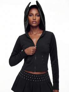 Modviera Áo thun bó sát cổ Doberman đính đinh tán có khóa kéo phía trước dành cho nữ - màu đen - Xem 1