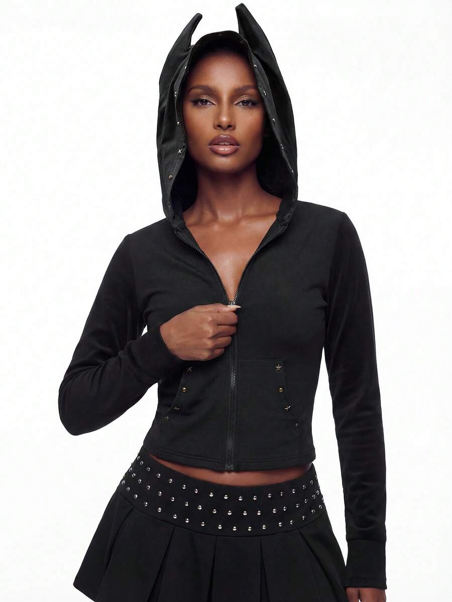 Modviera Áo thun bó sát cổ Doberman đính đinh tán có khóa kéo phía trước dành cho nữ - màu đen - Xem 1