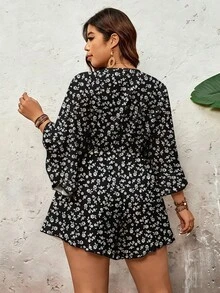 SHEIN VCAY 大码系带喇叭袖碎花连体裤，适合夏季穿着 - 彩色 - 查看 2