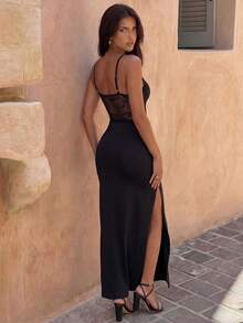 Backless Split Thigh Bustier Lace Cami Dress Maxi Women Outfit - Black - View 2