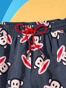 Paul Frank X SHEIN Quần short đi biển cạp rút họa tiết khỉ dành cho nam, mùa hè, phong cách Hawaii - Màu xám đen - Xem 3