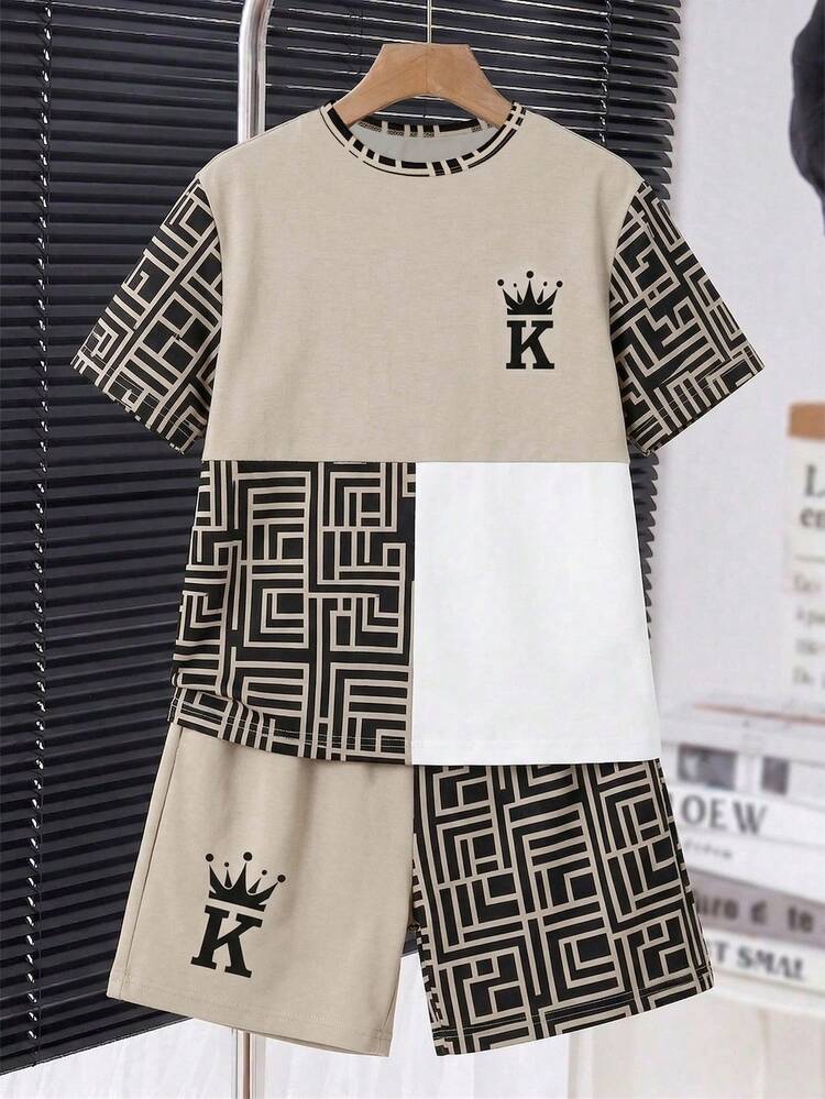 青少年男童复古夏季圆领落肩短袖休闲宽松T恤套装 - 彩色 - 查看 4