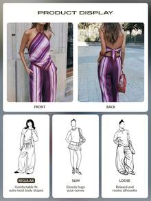 Nöista Women's 2pcs Halter Neckline Co-Ord Set, Diagonal Stripes Top Vertical Stripe Wide-Leg Pants, Pink, Summer, Casual, Vacation, Spring, Easter - Purple - View 12