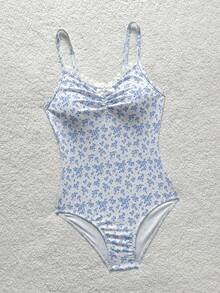 Tween Girl Ditsy Floral Ruched Front Bow One-Piece Swimsuit, Summer Beach Vacation - Baby Blue - View 10