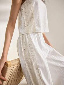 Ocili Set de pijama de 2 piezas con camiseta de tirantes y pantalones con bordado bohemio minimalista y volantes de atar, 100% algodón para mujeres - Blanco - Ver 4