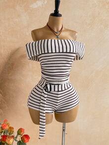 Soleia 露肩条纹连体裤，适合度假、音乐节、波西米亚风格 - 彩色 - 查看 6