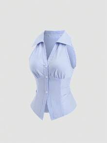 SHEIN PETITE 女士时尚百搭条纹单排扣通勤衬衫 - 藍色 - 查看 3