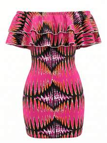 Elenzga Women's Elegant Fitted Off-Shoulder Ruffle Hem Print Bodycon Mini Dress, Summer - Multicolor - View 3