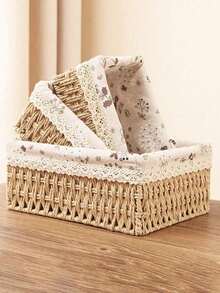 3Pcs S M L Size Handwoven Bohemian Style Desktop Storage Basket Set With Or Without Lid Multifunctional Organizer For Keys Cosmetics Snacks Coffee Table Living Room Entryway Home Decor Reusable Storage Shelf For Stationery Closet Toys Ideal Gift Basket - butterfly - View 2