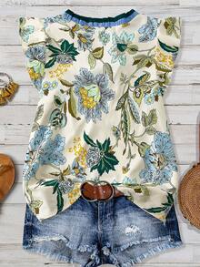 Linhara Plus Size Women's Brown Retro Ditsy Floral V-Neck Ruffle Trim ...
