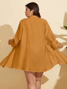 SHEIN X Sofía Suescun Swim Vcay Áo sơ mi dài tay cài cúc một dây dành cho nữ cỡ lớn, áo kiểu đi biển cỡ lớn. - trái cam - Xem 2