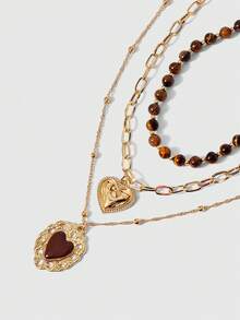 ROMWE Goth 3pcs/Set Vintage Luxury Gold Chain Layered Tiger Eye Beaded Necklace With Heart Pendant, Fashionable Jewelry For Women, Suitable For Daily Wear, Parties, Music Festivals - Multicolor - View 2