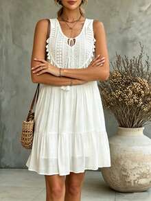 LUMIGAL Vestido largo con dobladillo con volantes, cuello con lazo y adorno de flecos para vacaciones y playa para mujer - Blanco - Ver 4