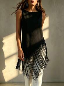 EMERY ROSE Fringe Asymmetrical Hem Tank,Sleeveless Tops - Black - View 5