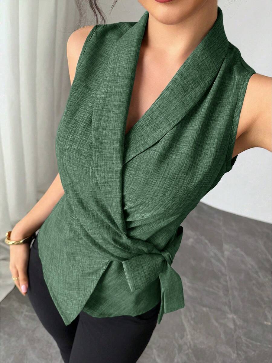 SHEIN LUNE Women's Solid Color Shawl Collar Sleeveless Shirt With Side Waist Tie - Dark Green - View 1