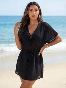 Breezaya 女士V领蝙蝠袖连体短裤，优雅端庄的沙滩罩衫 - 黑色 - 查看 3