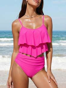 Swim Vcay Summer Beach Solid Color Ruffle Trim Spaghetti Strap Top With Shirred Triangle Bottom Bikini Set - Hot Pink - View 1