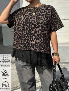 Muchica 大码女式豹纹蕾丝拼接休闲百搭日常短袖T恤 - 彩色 - 查看 1
