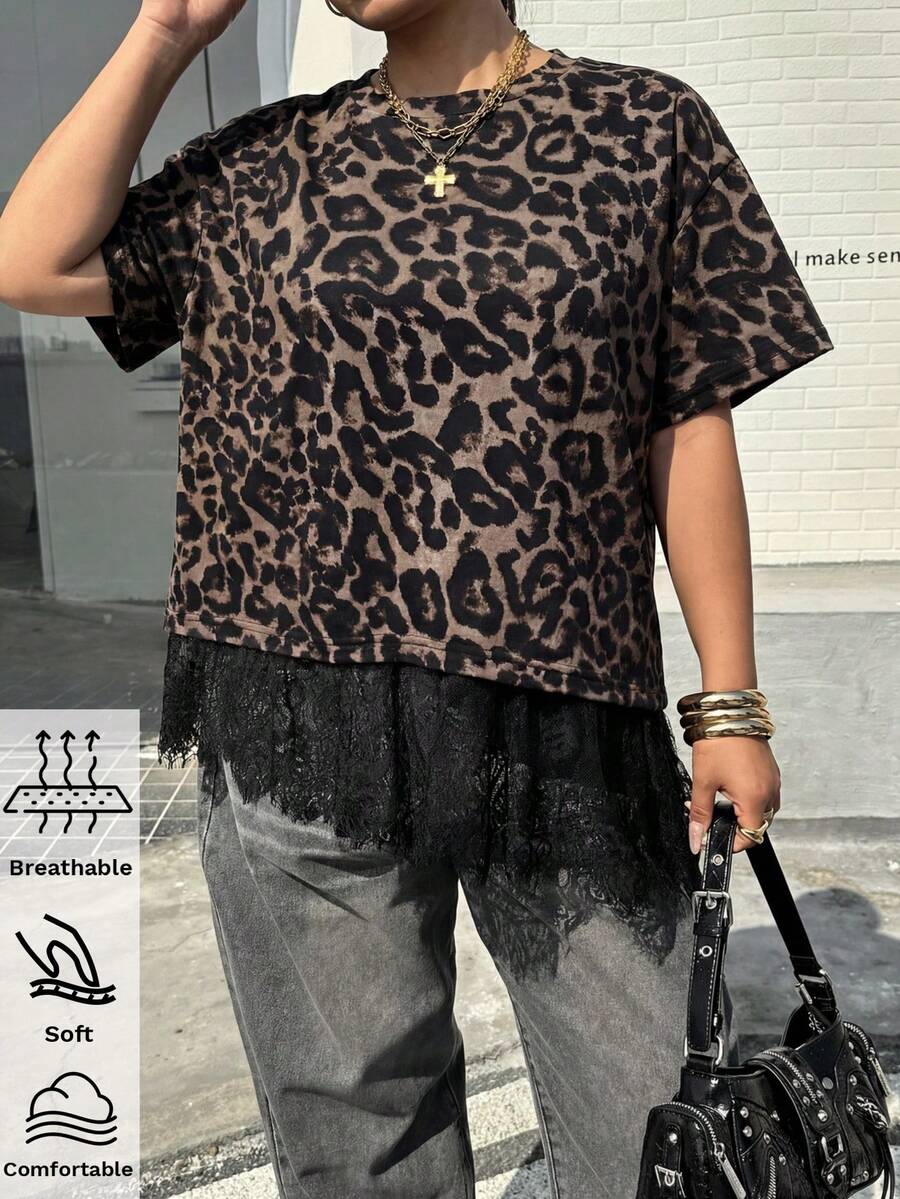 Muchica 大码女式豹纹蕾丝拼接休闲百搭日常短袖T恤 - 彩色 - 查看 1