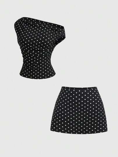 Sweetra Women's New Fashion Versatile Off Shoulder Black & White Polka Dot Cinched Waist Top + Cinched Waist Black & White Polka Dot Mini Skirt 2-Piece Set