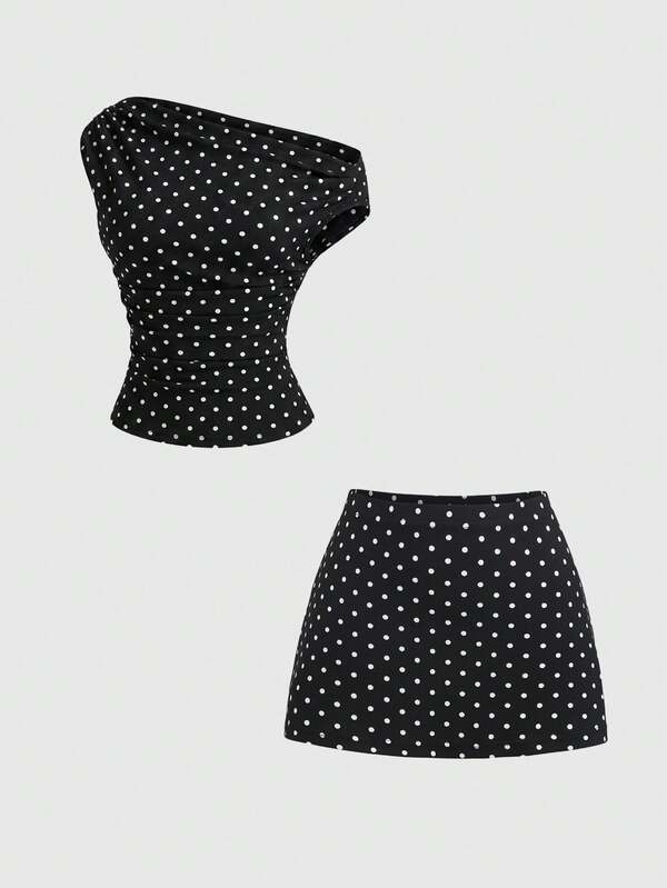 Sweetra Women's New Fashion Versatile Off Shoulder Black & White Polka Dot Cinched Waist Top + Cinched Waist Black & White Polka Dot Mini Skirt 2-Piece Set