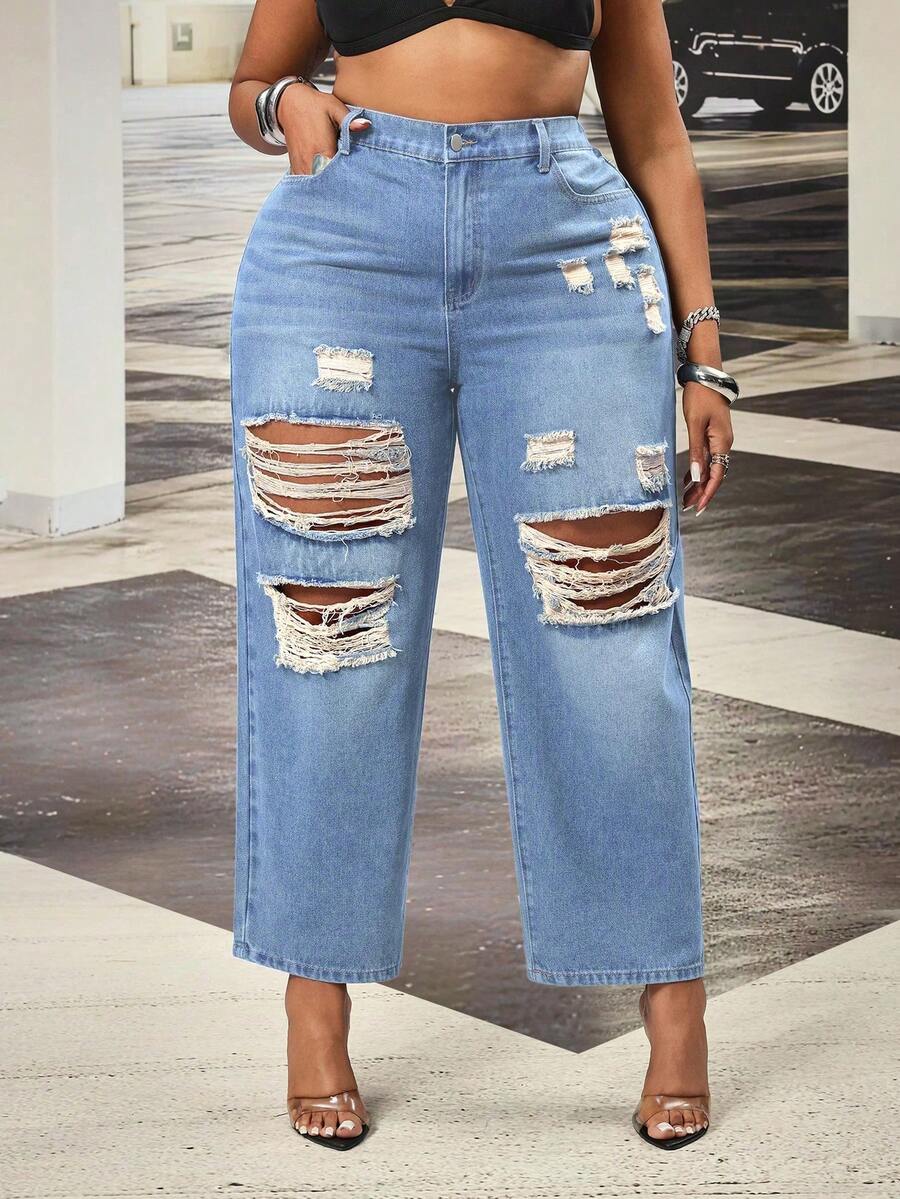 Slaydiva Plus Size Women Spring Blue Inelastic Distressed Straight Leg Jeans, Cowgirl - Light Wash - View 1