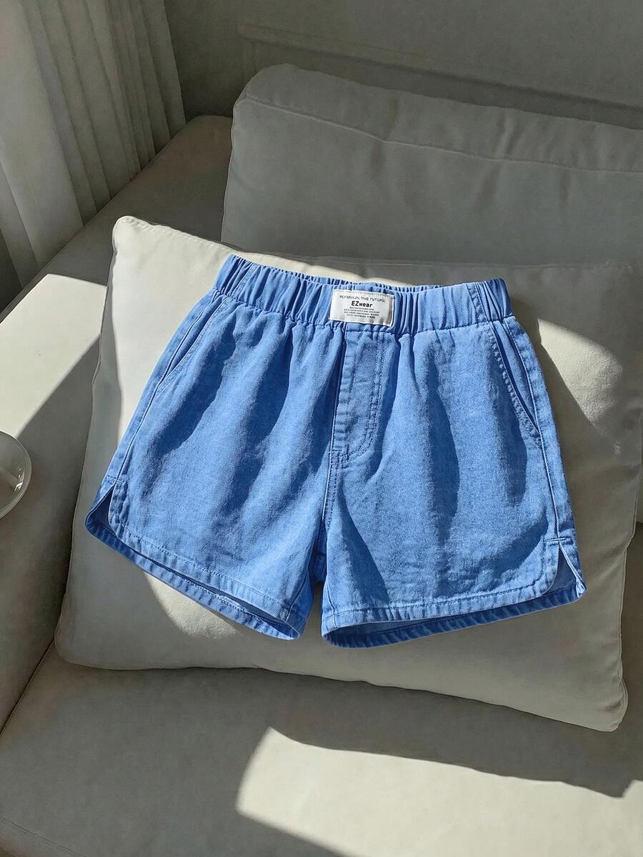 SHEIN EZwear 女士字母刺绣松紧腰休闲牛仔短裤 - 藍色 - 查看 1