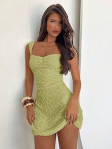 Aloruh Women's Elegant Square Neck Fitted Waist Textured Fabric Solid Color Mini Dress,Dresses For Women Summer - Green - View 6