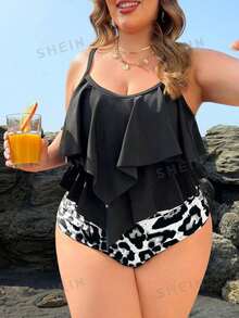 SHEIN Swim Lushore 2pcs Plus Size Women Black Double Ruffle Trim Top & Leopard Print Pleated Triangle Bottoms Backless Bikini Swimsuit - Multicolor - View 1