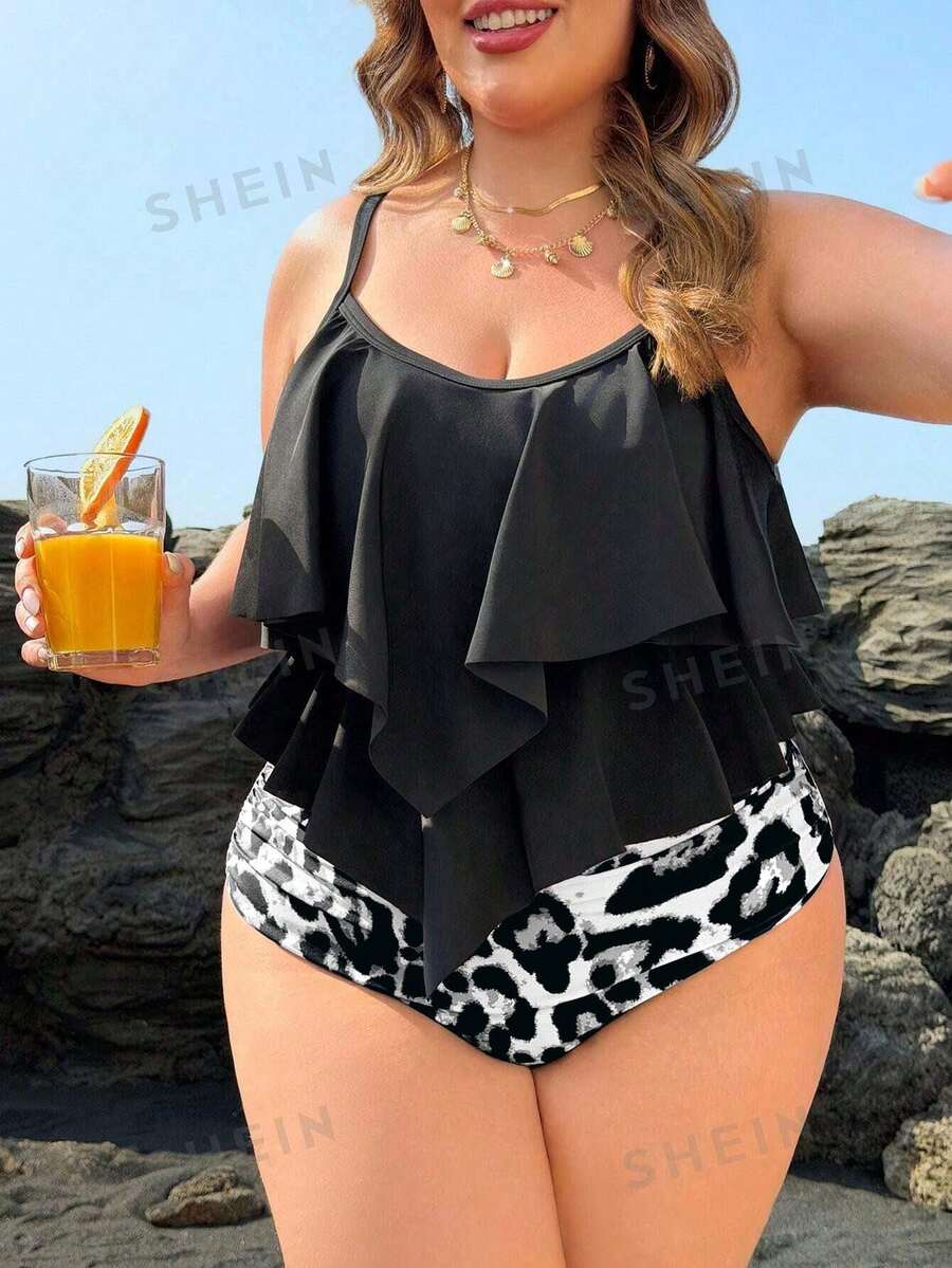 SHEIN Swim Lushore 2pcs Plus Size Women Black Double Ruffle Trim Top & Leopard Print Pleated Triangle Bottoms Backless Bikini Swimsuit - Multicolor - View 1