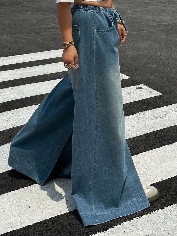 Dazy Plus Plus Size Women's Casual Drawstring Waist Wide Leg Jeans, Blogger Street Style, Versatile For All Seasons