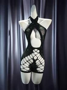 MidnightGlam Mono sexy de glamour de medianoche, hecho de malla burdeos con recortes geométricos, agrega una atmósfera cautivadora para citas nocturnas - Negro - Ver 1