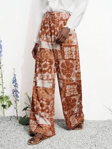 Aveloria Modichic Women's Trousers Wide Leg Lightweight Woven Fabric Elastic Drawstring Waist Bohemian Vacation Style Brown Vacation Summer Career Women Printed Boho Floral Pattern Women's Pants Vacation Outfits Women Summer Holiday 25-35°C - Multicolor - View 4