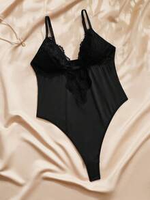 Charlaine Bộ jumpsuit ren đen cổ chữ V sâu gợi cảm dành cho nữ, không gọng, ôm sát thoải mái, không xuyên thấu. - màu đen - Xem 3