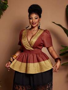 Maweii Blusa elegante de mujer con cuello en V, cintura ceñida, mangas abullonadas y dobladillo con volantes estampados, adecuada para uso diario, fiestas y trabajo - Marrón - Ver 4