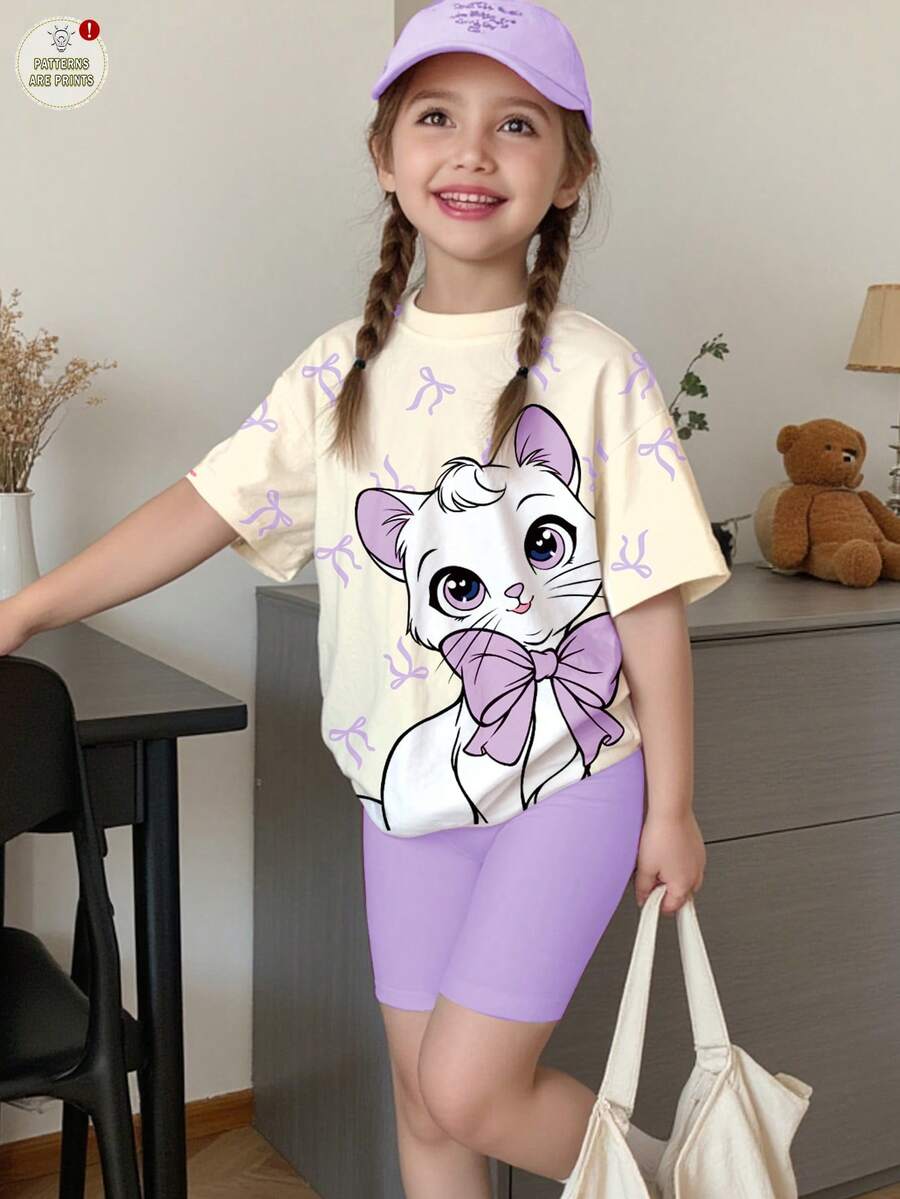 两件套女童休闲可爱蝴蝶结猫咪印花套装,甜美时尚芭蕾风,奶油紫色,公主范儿,淑女气质,圆领短袖T恤搭配紧身打底裤,适合春夏秋冬日常穿着,户外活动,情人节,Y2K风格,可爱,儿童舒适,儿童日常时尚,儿童秋季时尚,秋季新款,花开时尚,女婴服装,粉色,度假 - 彩色 - 查看 1