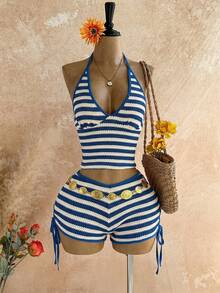 Soleia 女士春夏度假两件套：红白条纹撞色针织不对称露肩短款上衣和超低腰紧身短裤，适合派对、约会、海滩、邮轮、嘉年华、复活节等场合。 - 藍白色 - 查看 1